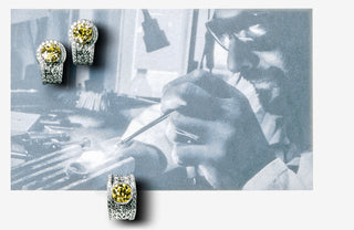 Collage of yellow diamond earrings with a black and white photo of a person working.
