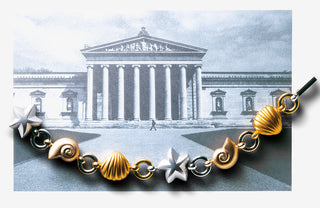 Gold and silver bracelet with shell and star designs in front of a classical building illustration.