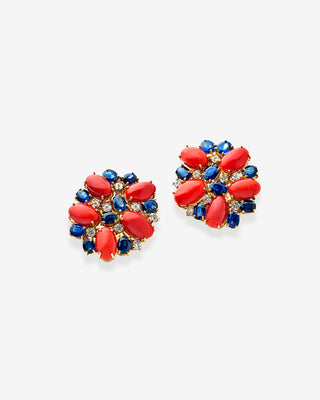 Ear Clips Sapphire Coral Diamonds Yellow Gold