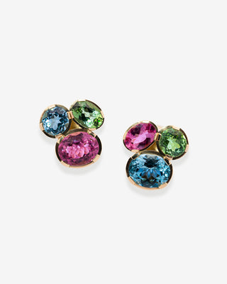 Harlequin Ear Clips Pink Tourmaline & Topaz Yellow Gold