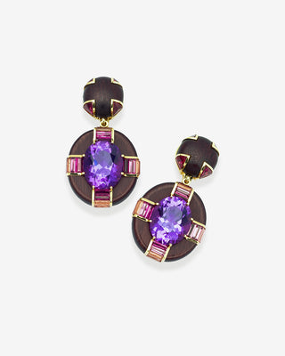 Earrings Amaranth Wood Tourmaline & Amethyst Yellow Gold