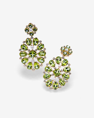 Chandelier Earrings Peridot Diamonds & Freshwater Pearls Yellow Gold