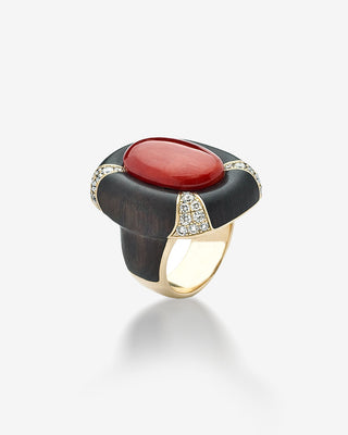 Ring Coral Button & Diamonds Yellow Gold