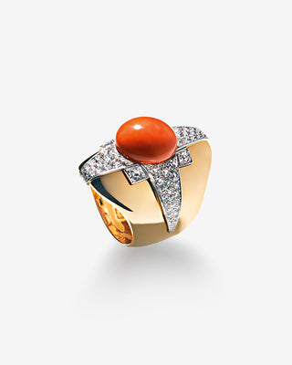 Star Ring Diamonds & Coral Button Yellow White Gold