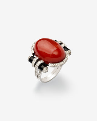 Ring Coral Button Diamonds & Onyx White Gold