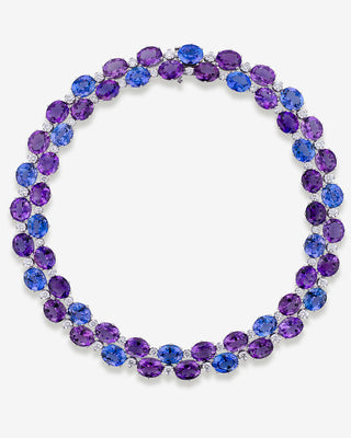 750 Weißgold Collier mit Tansanit, Amethysten und Diamanten.
