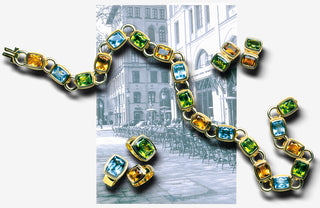 Colorful gemstone bracelet with a blurred cityscape background