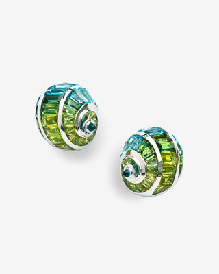 Handgefertigte Paradise Schnecken-Ohrclips aus 750 Weißgold mit farbigen Edelsteinen von Fochtmann Juwelier.