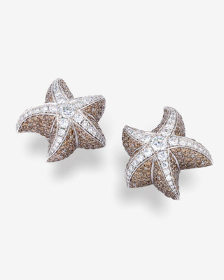 Handgefertigte Seestern-Ohrclips aus 750 Weißgold mit weißen und braunen Brillanten von Fochtmann Juwelier.