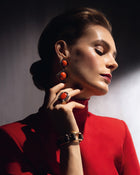 Ring Coral Button & Diamonds Yellow Gold