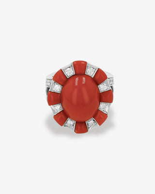 Coral Ring Cabochon & Diamonds White Gold