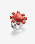 Coral Ring Cabochon & Diamonds White Gold