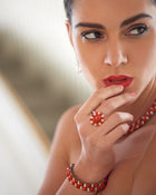 Coral Ring Cabochon & Diamonds White Gold