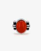 Ring Coral Button Diamonds & Onyx White Gold
